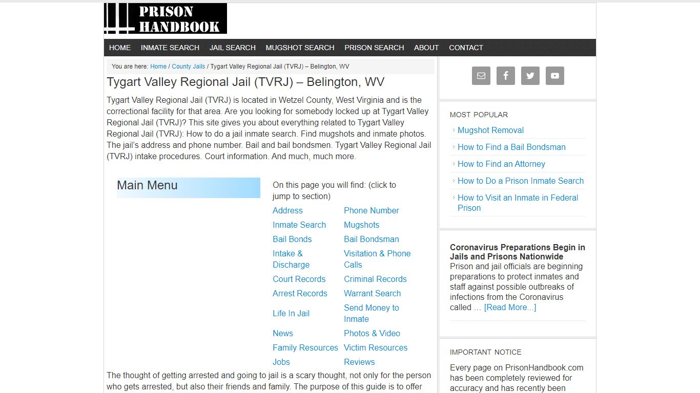 Tygart Valley Regional Jail (TVRJ) – Belington, WV - Prison Handbook